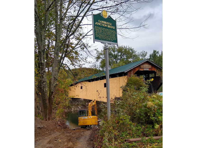 Cambridge Junction Covered Bridge abutment work photo by Marcel and Jeanne Beaudry