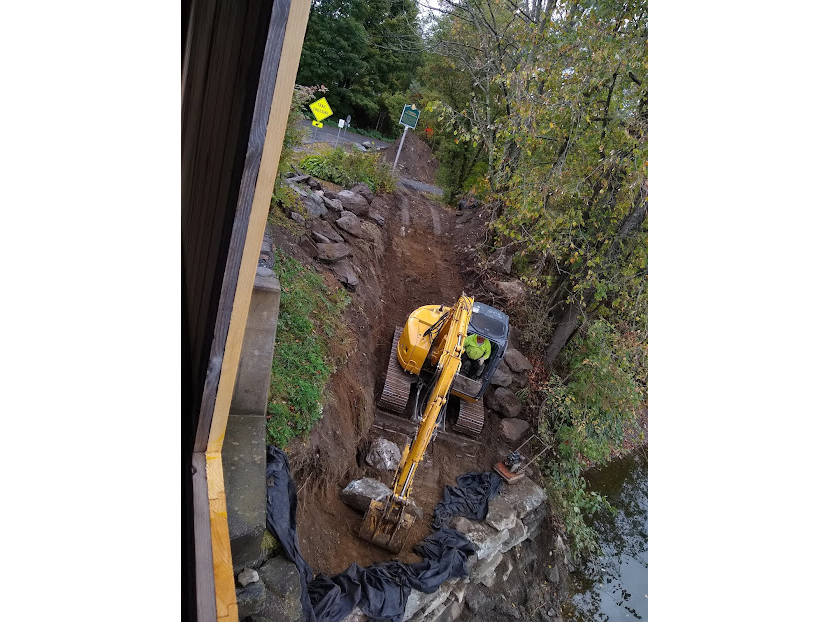 Cambridge Junction Covered Bridge abutment work photo by Marcel and Jeanne Beaudry