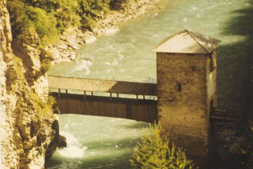 Altfinstermunz Bridge, Tyrol Provence, Austria Private foot bridge spanning Austria-Swiss border Photo by C. M. Nagengast, 9/11/86