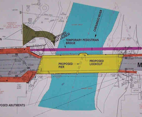 Plans for the Oxford Main Street Bridge over the Chenango River, during construction, showing placement of the temporary pedestrian bridge